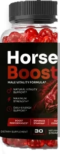 A single Horse Boost bottle, front label, 30 gummies