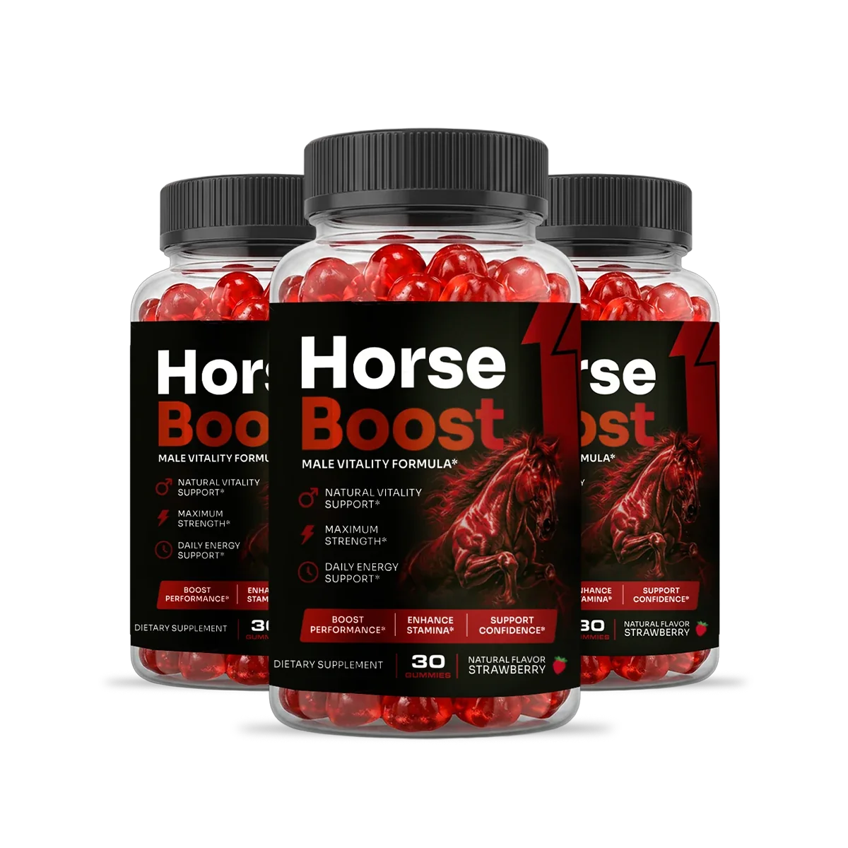 Three Horse Boost bottles, front labels showing