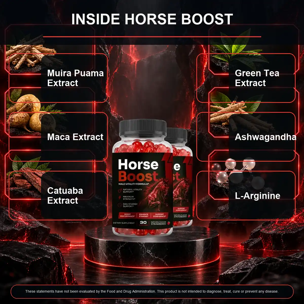 The seller's inside-the-formula graphic for Horse Boost naming six extracts