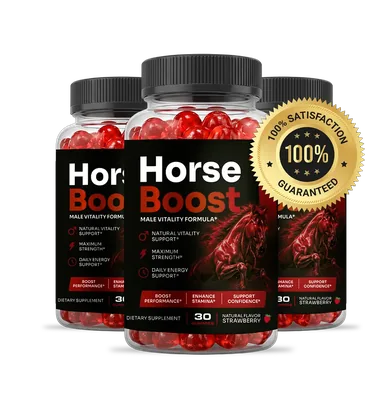 Three Horse Boost bottles beside a hundred per cent satisfaction seal