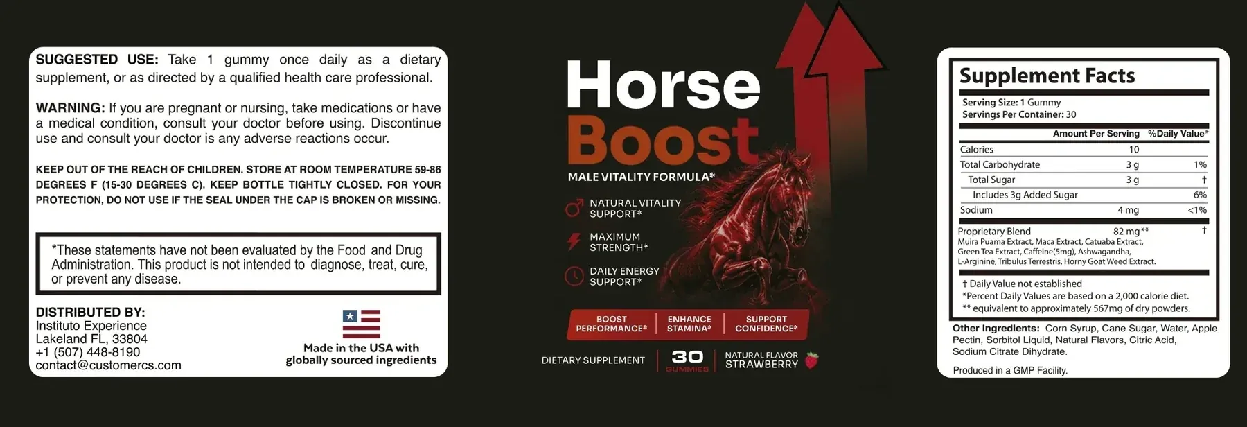 The three printed panels of the Horse Boost label, showing suggested use, the front artwork and the Supplement Facts block