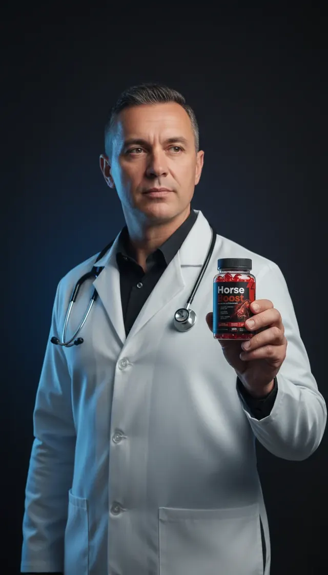 A man in a white coat with a stethoscope, holding a Horse Boost bottle. Stock photography supplied with the pack.