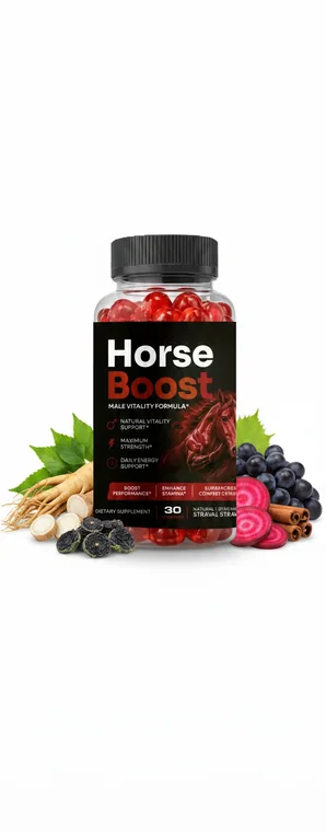 A single Horse Boost bottle standing among botanicals and berries