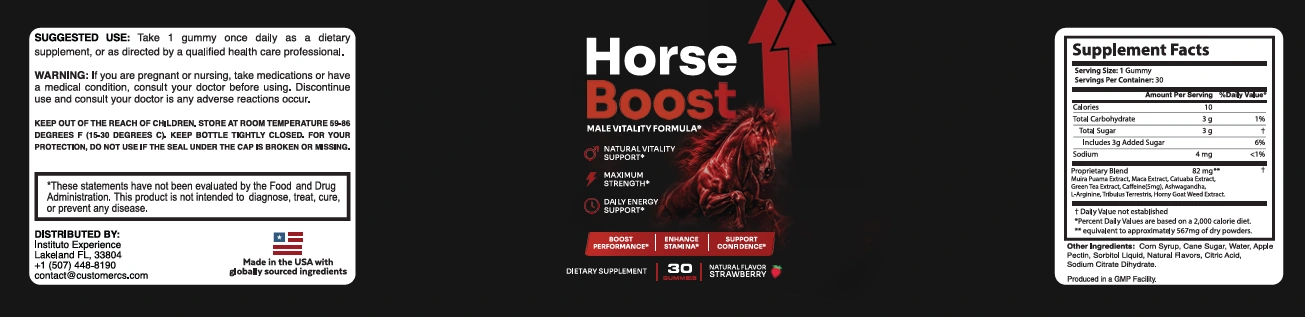 The full Horse Boost label wrap: suggested use panel, front artwork and Supplement Facts, printed as one strip