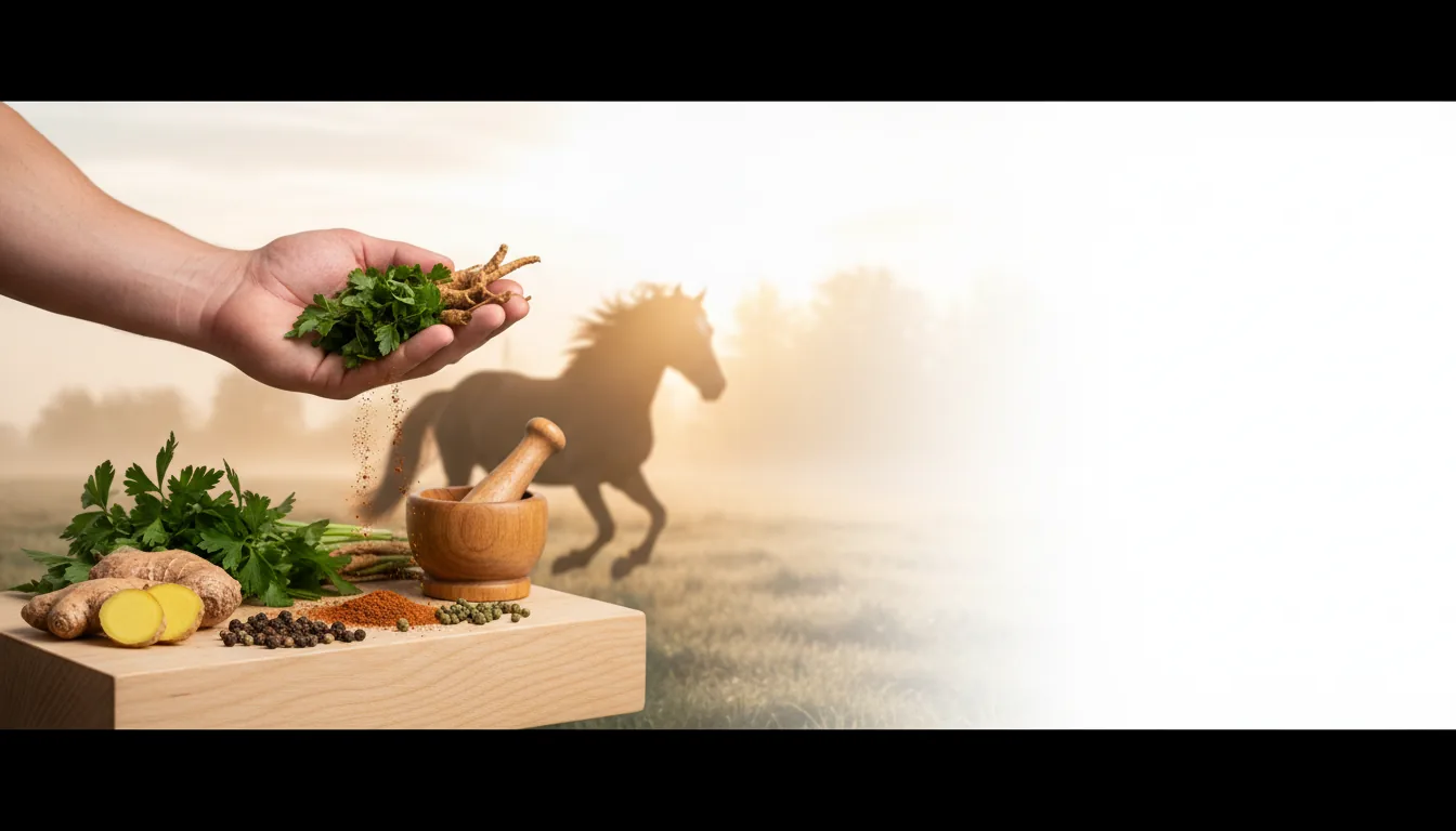 A hand holding dried botanicals above a board of roots and spices, with a galloping horse in the field behind